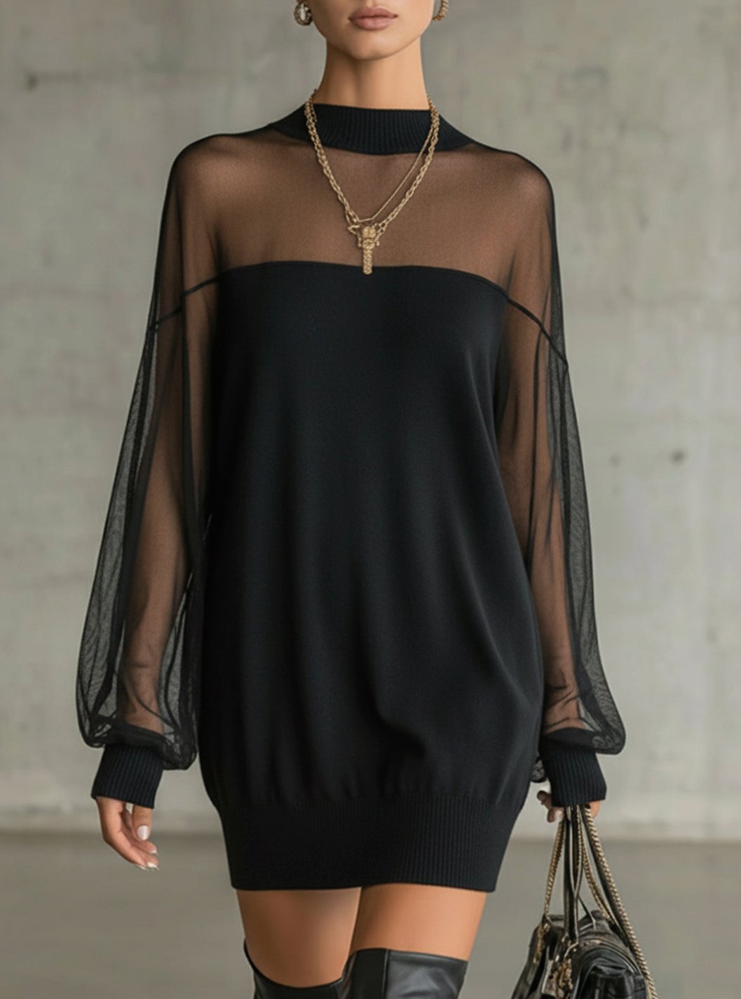 Women's Black Long Sleeve Mini Dress Sheer Mesh Mock Neck - Black