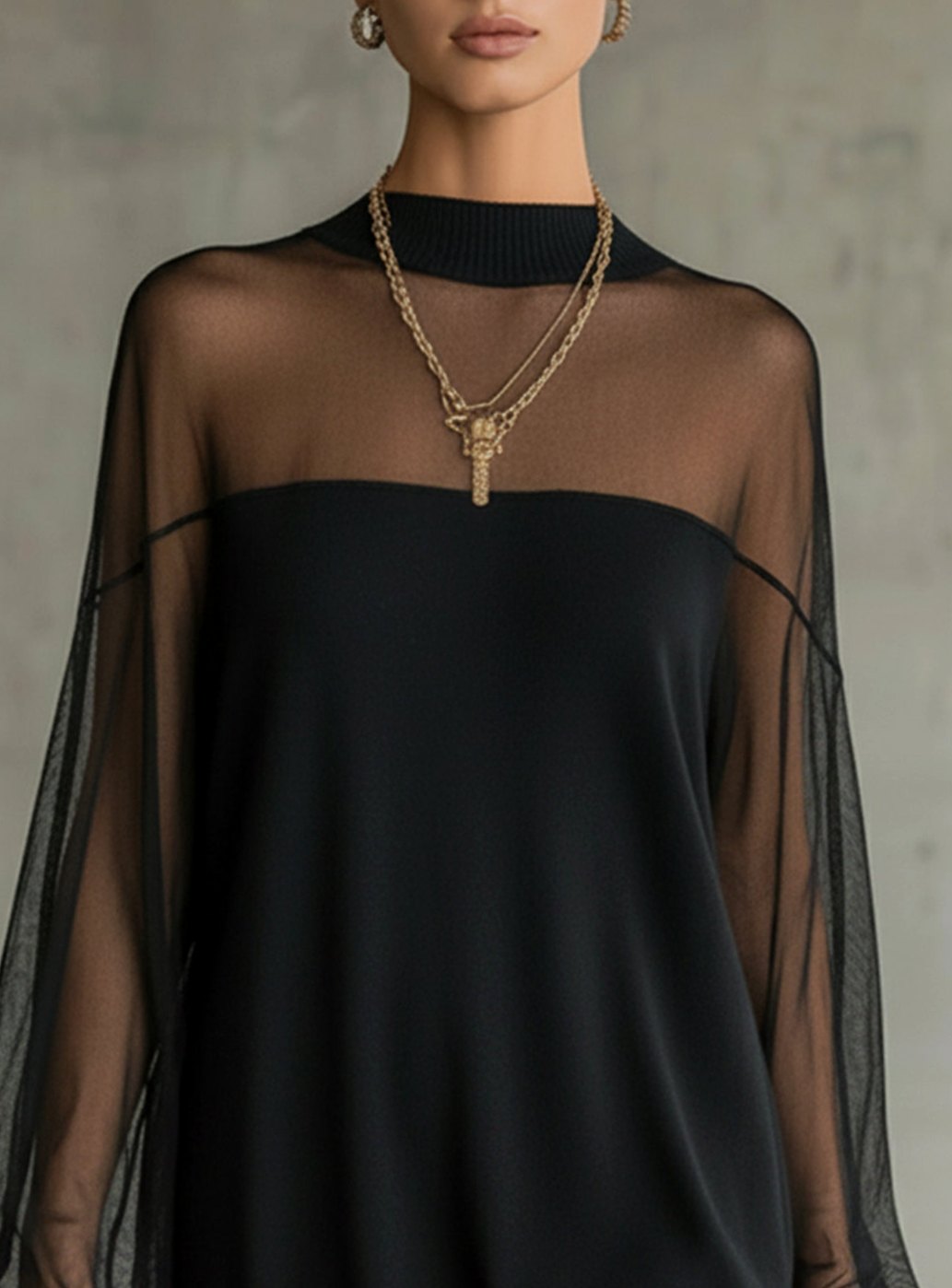 Women's Black Long Sleeve Mini Dress Sheer Mesh Mock Neck