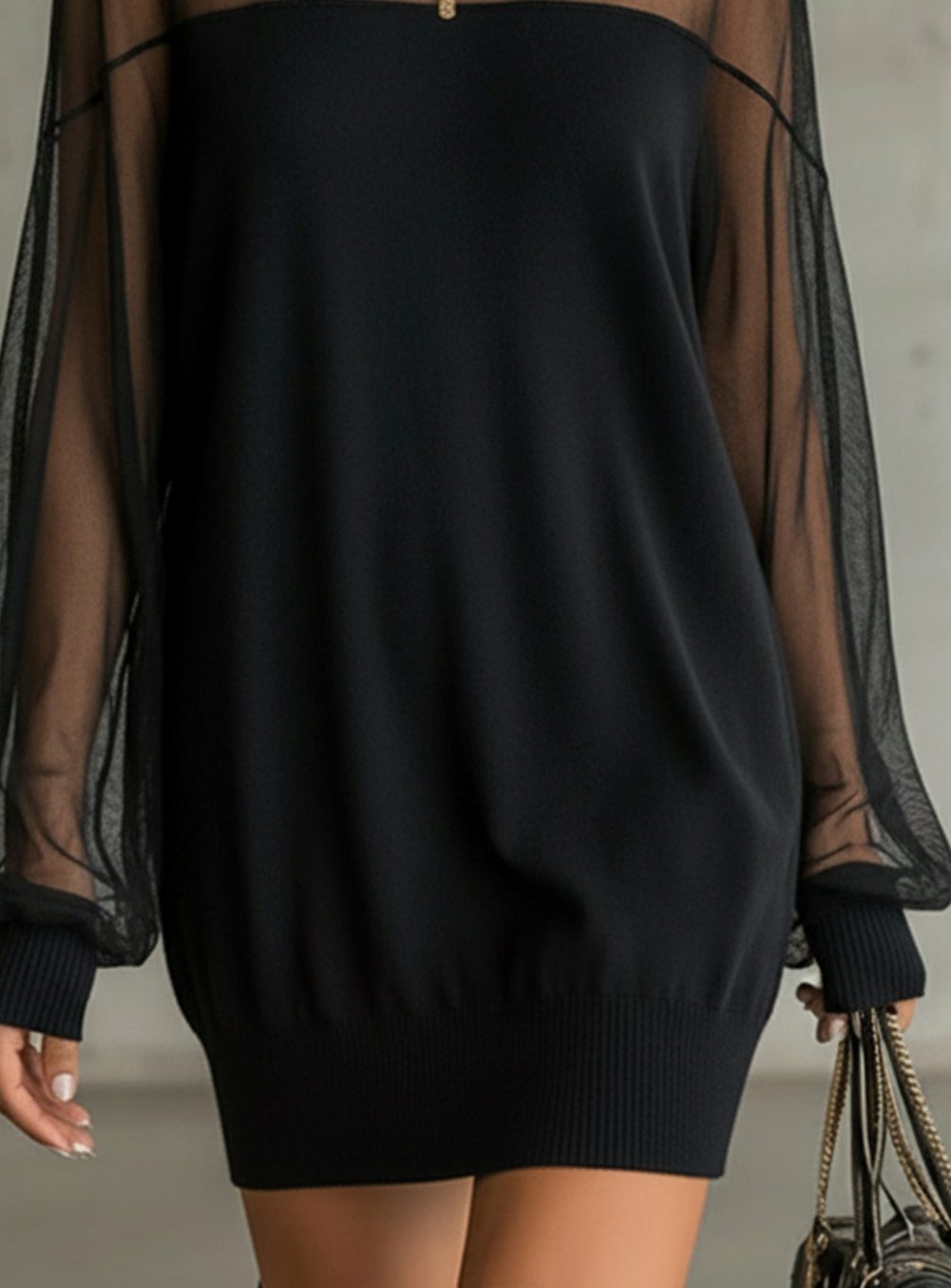 Women's Black Long Sleeve Mini Dress Sheer Mesh Mock Neck