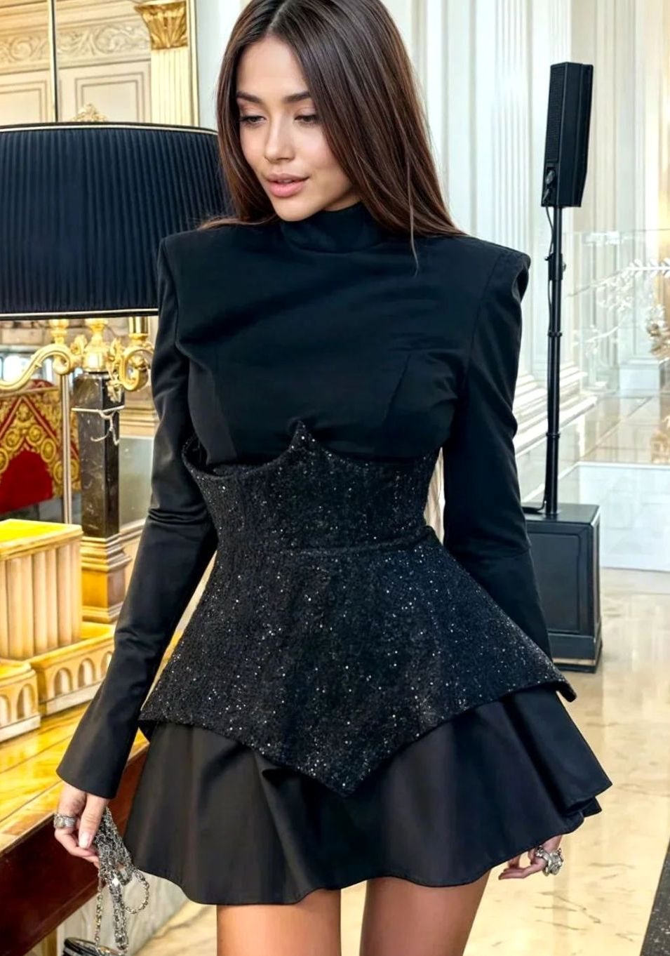 Women's Black Long-Sleeve Sequin Corset Mini Evening Dress