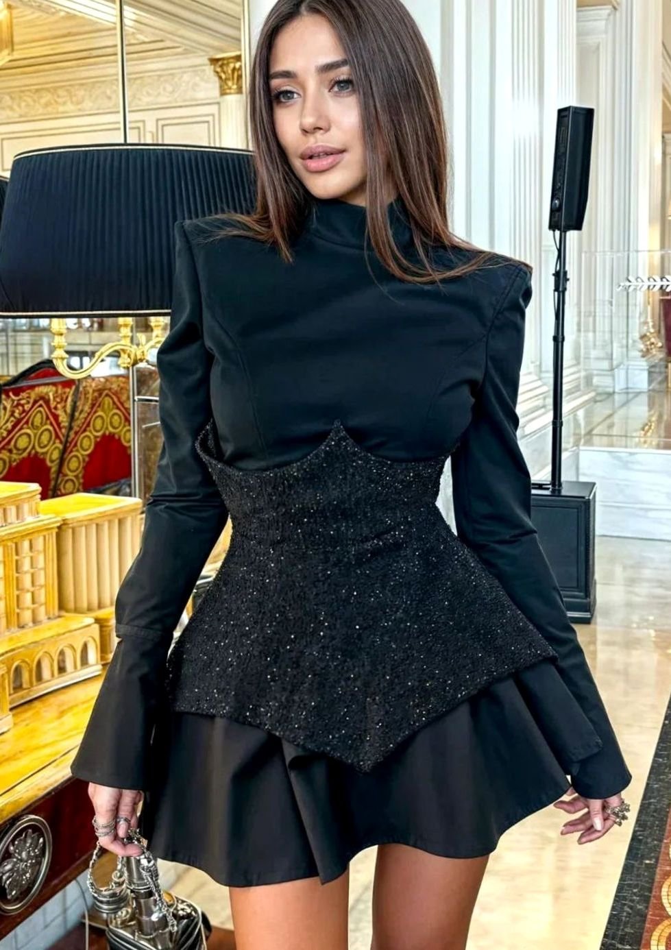 Women's Black Long-Sleeve Sequin Corset Mini Evening Dress