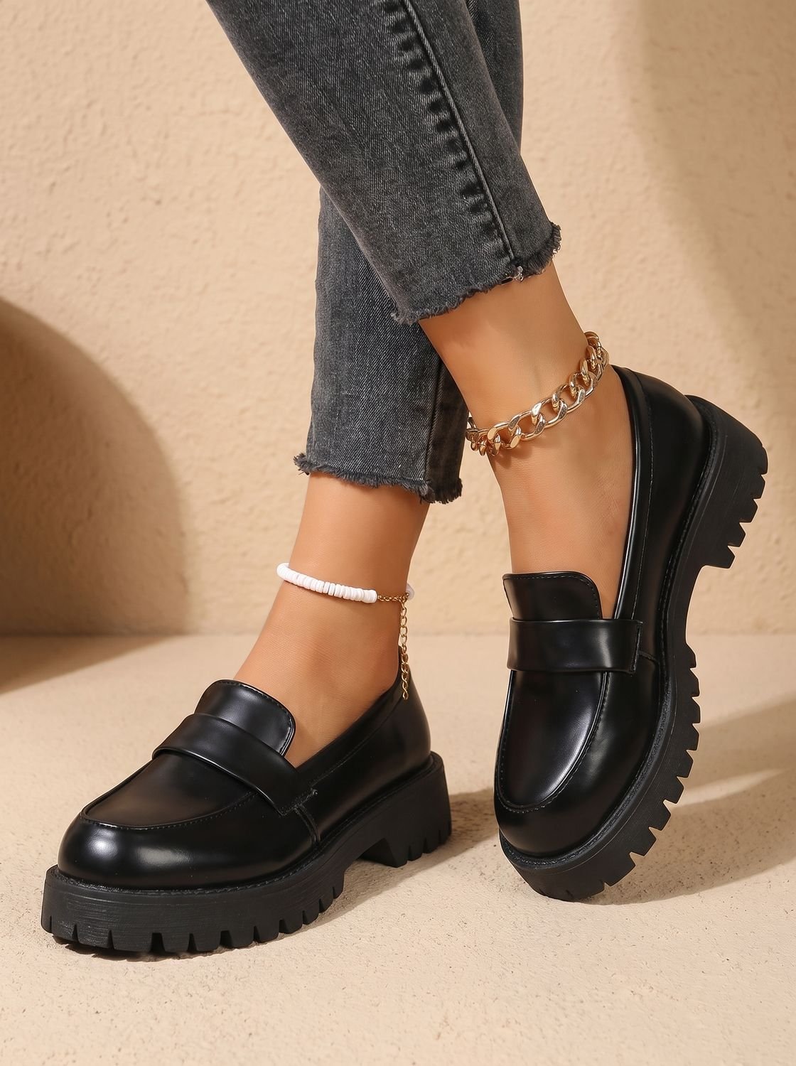 Women's Black Platform Penny Slip-On Loafers Orthopaedic - Black