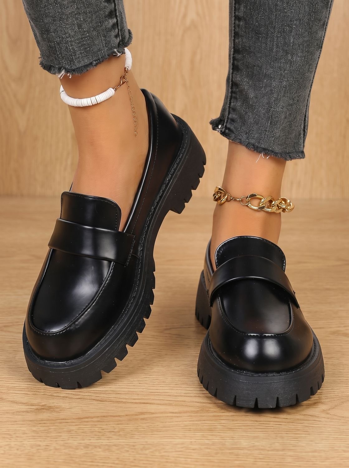 Women's Black Platform Penny Slip-On Loafers Orthopaedic