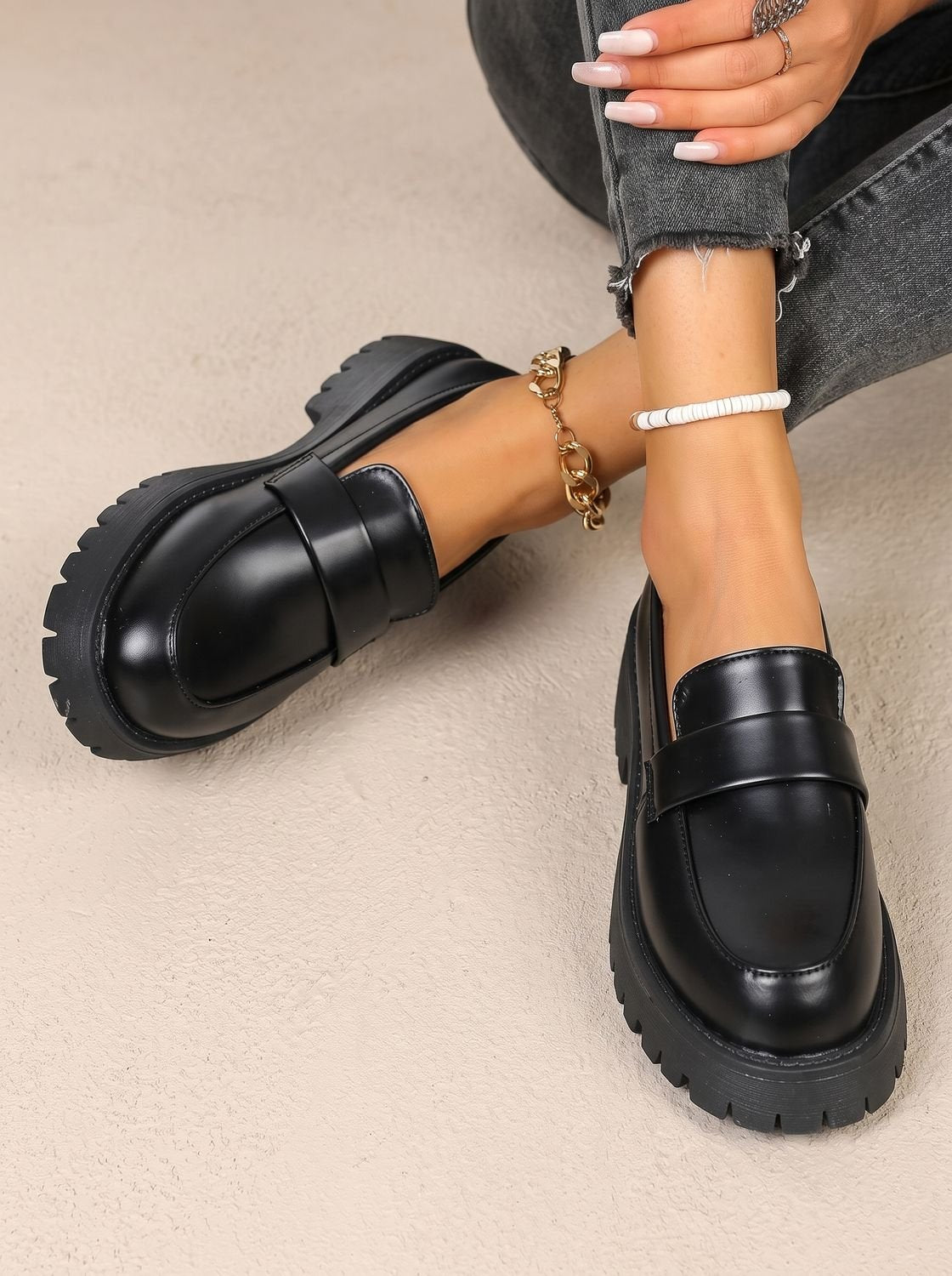 Women's Black Platform Penny Slip-On Loafers Orthopaedic