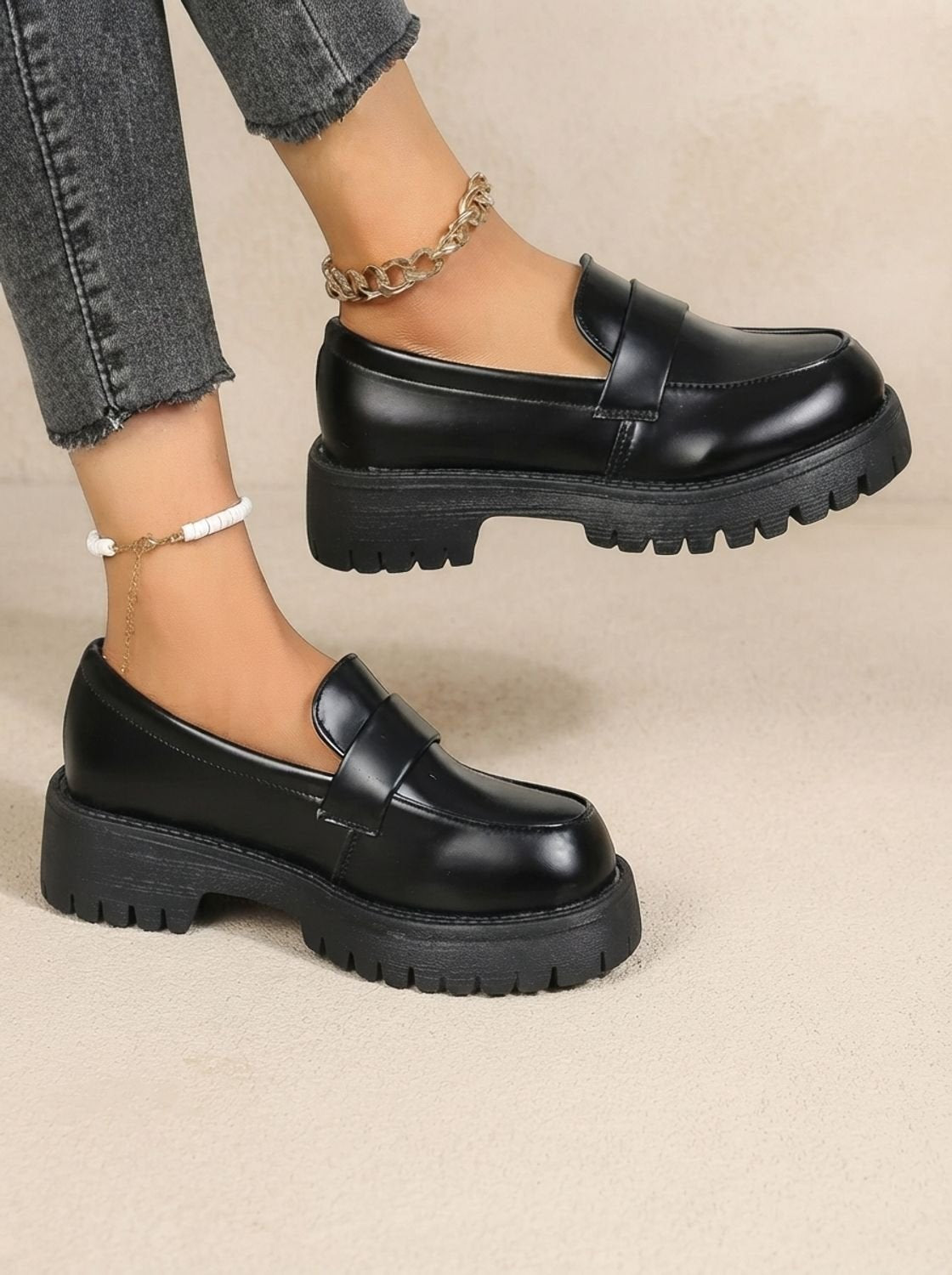 Women's Black Platform Penny Slip-On Loafers Orthopaedic