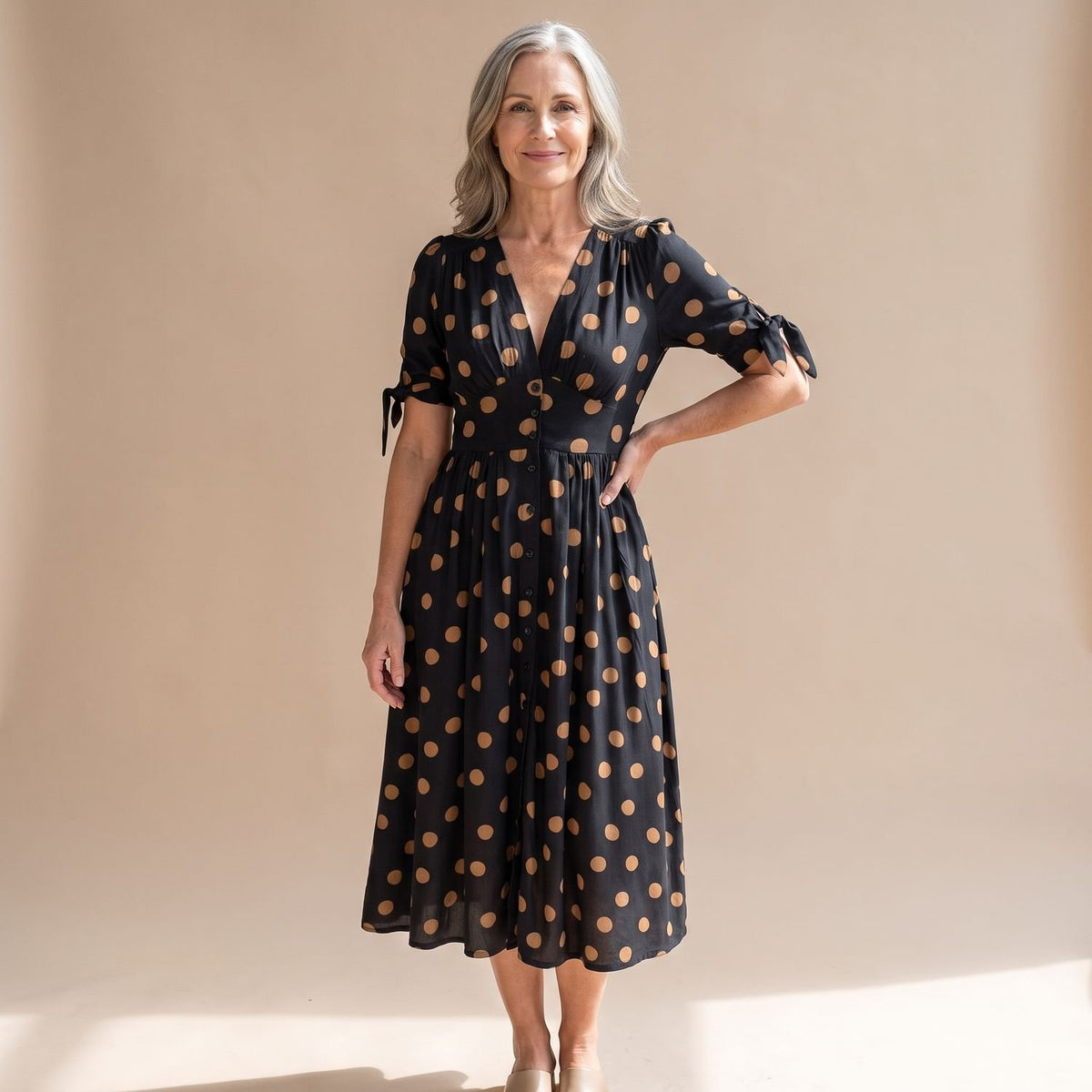 Women's Black Polka Dot Midi Dress V-Neck Button-Front Tie-Sleeve - Black