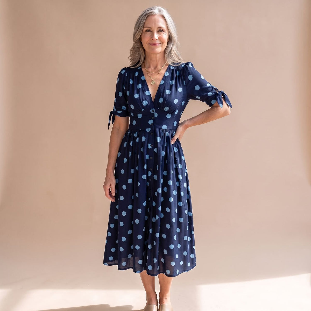 Women's Black Polka Dot Midi Dress V-Neck Button-Front Tie-Sleeve - Dark Blue