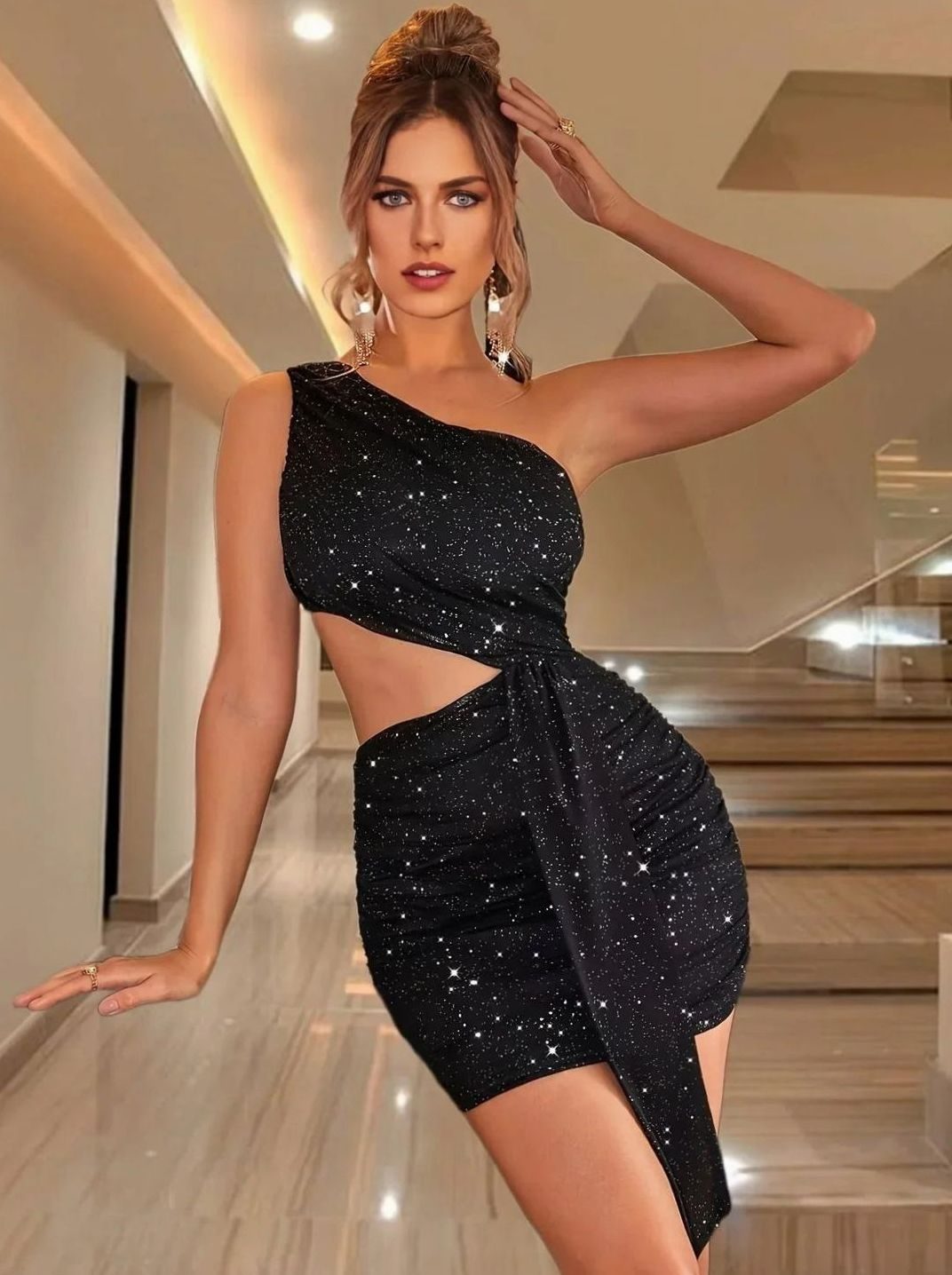 Women's Black Sequin Mini Dress One-Shoulder Cut-Out Draped
