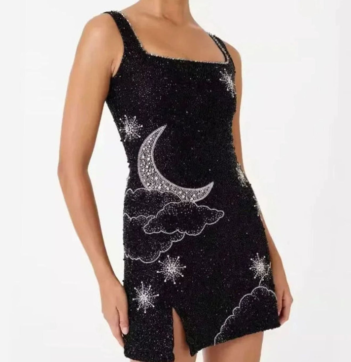 Women's Black Sequin Minidress Wide-Strap Bodycon Evening