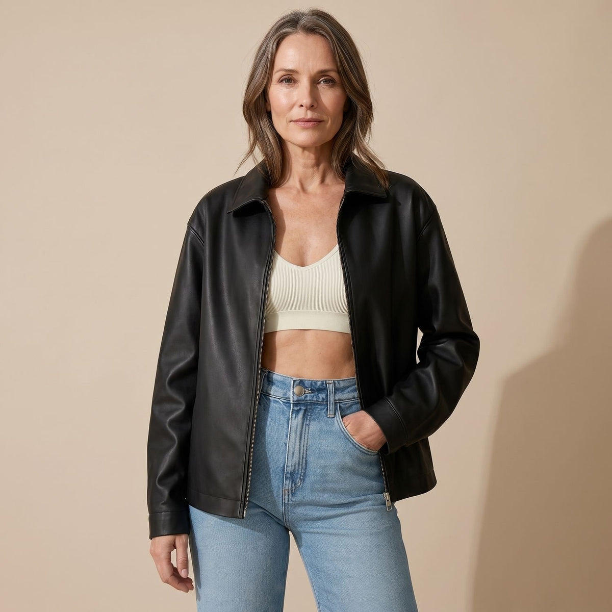 Women's Black Zip-Up Faux Leather Jacket Relaxed Fit