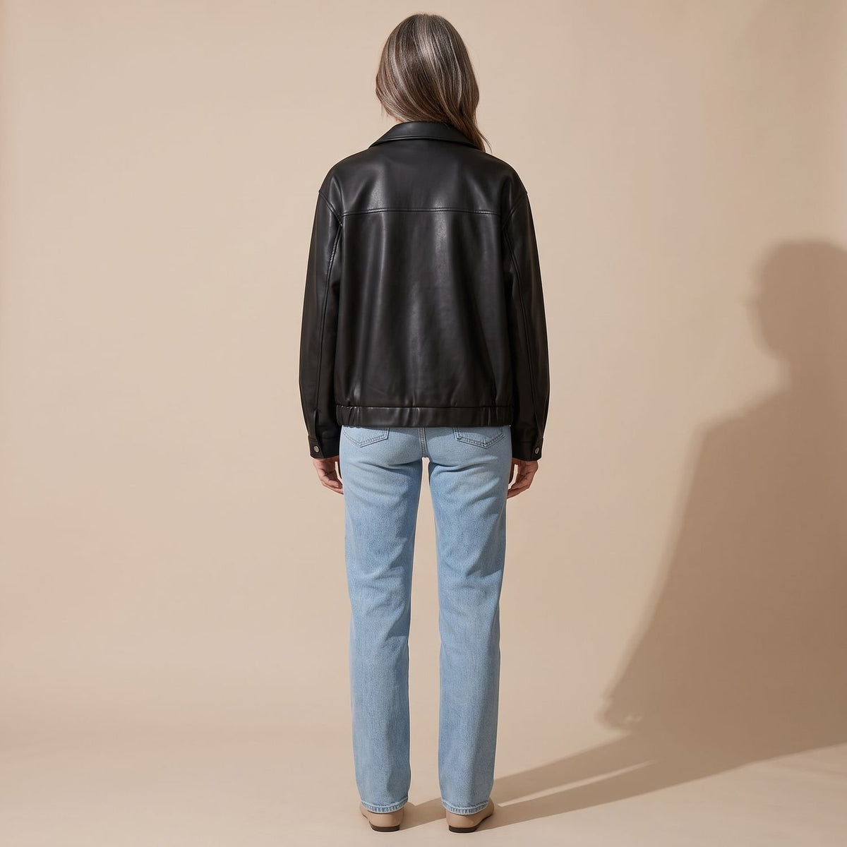 Women's Black Zip-Up Faux Leather Jacket Relaxed Fit