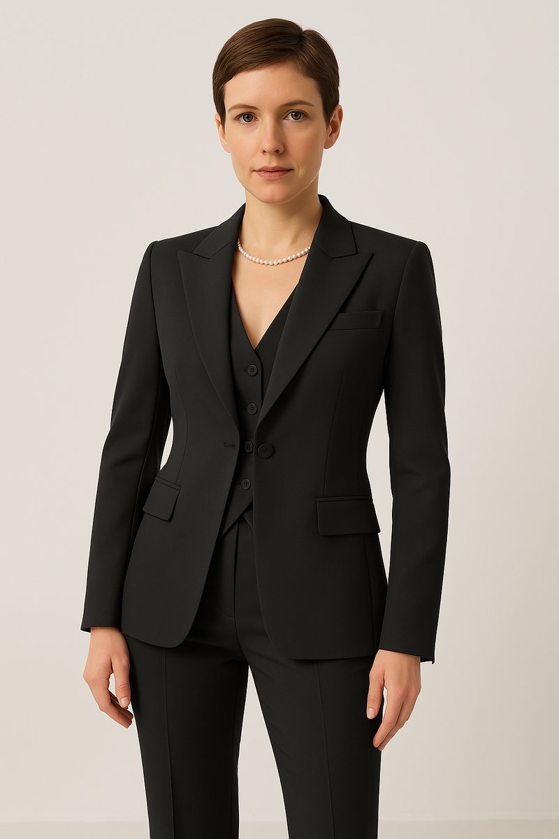Women's Blazer 3-Piece Tailored Suit Set Waistcoat Trousers - Black