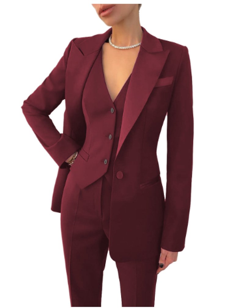 Women's Blazer 3-Piece Tailored Suit Set Waistcoat Trousers - Red