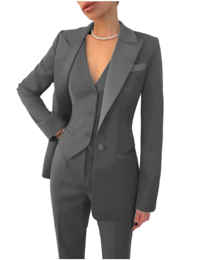 Women's Blazer 3-Piece Tailored Suit Set Waistcoat Trousers - Grey
