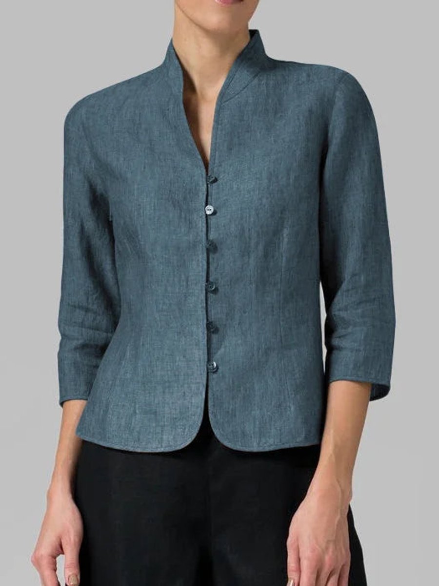 Women's Blazer Linen Mandarin-Collar Tailored-Fit Jacket