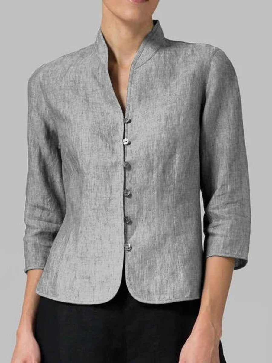 Women's Blazer Linen Mandarin-Collar Tailored-Fit Jacket