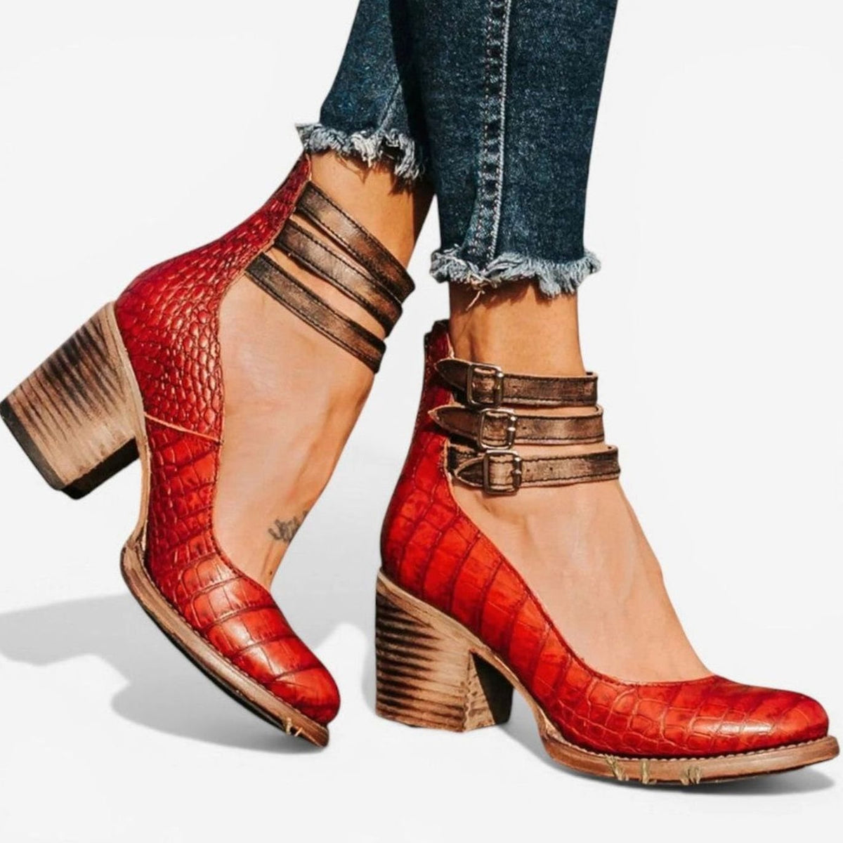 Women's Block Heel Ankle Boots Buckle Strap Chunky Heel - Red Brown