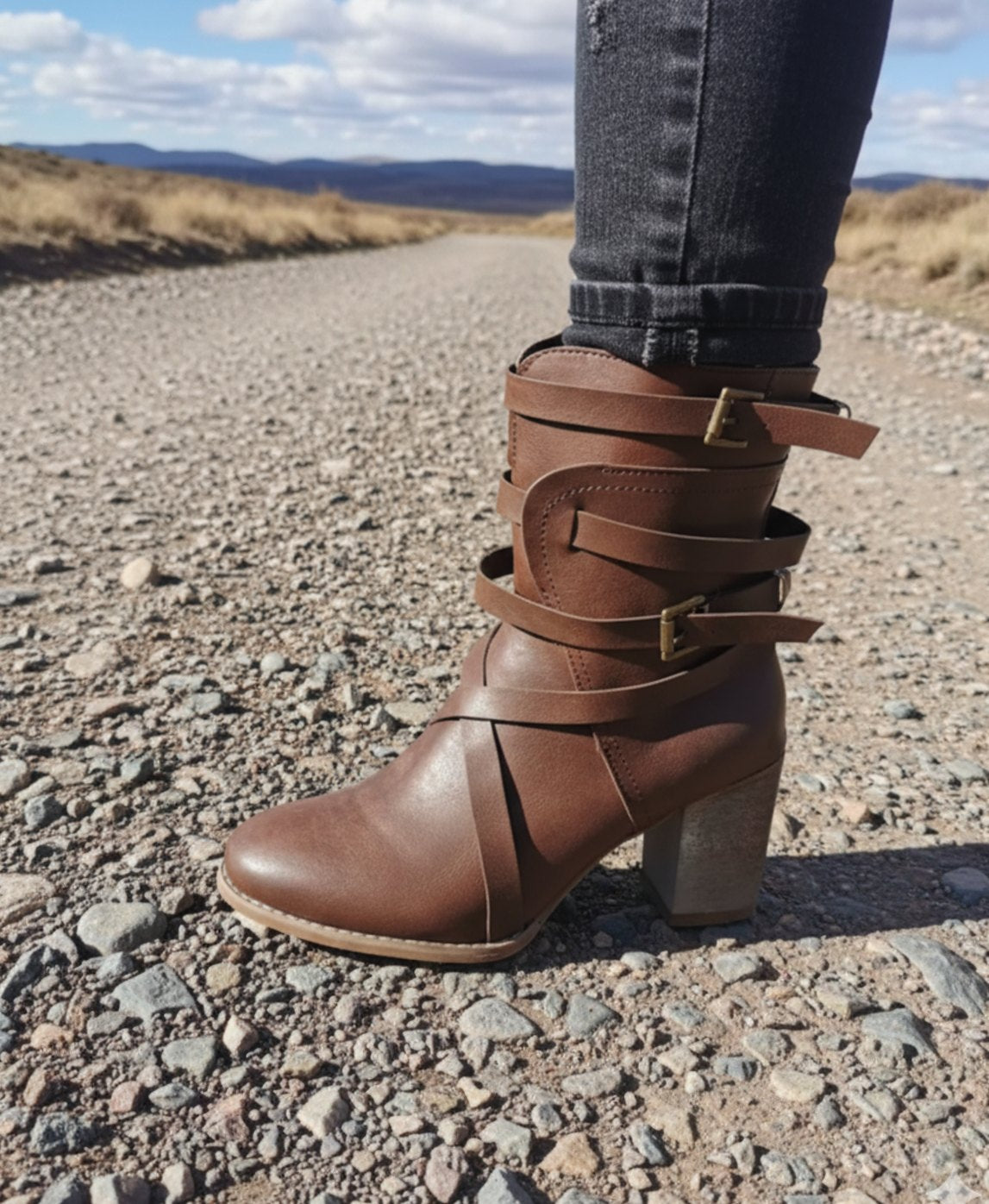 Women's Block-Heel Buckle-Strap Ankle Boots - Brown