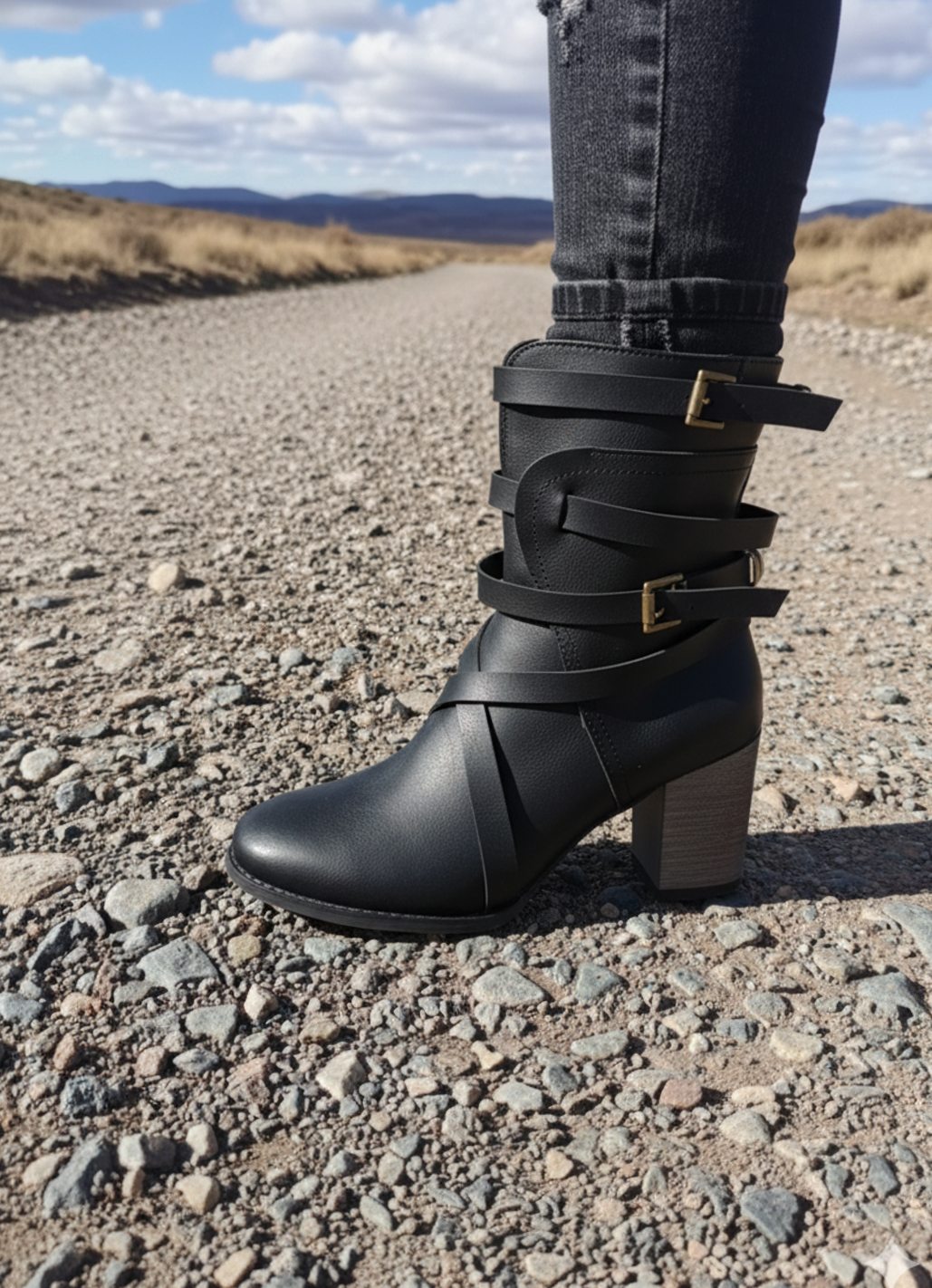 Women's Block-Heel Buckle-Strap Ankle Boots - Black