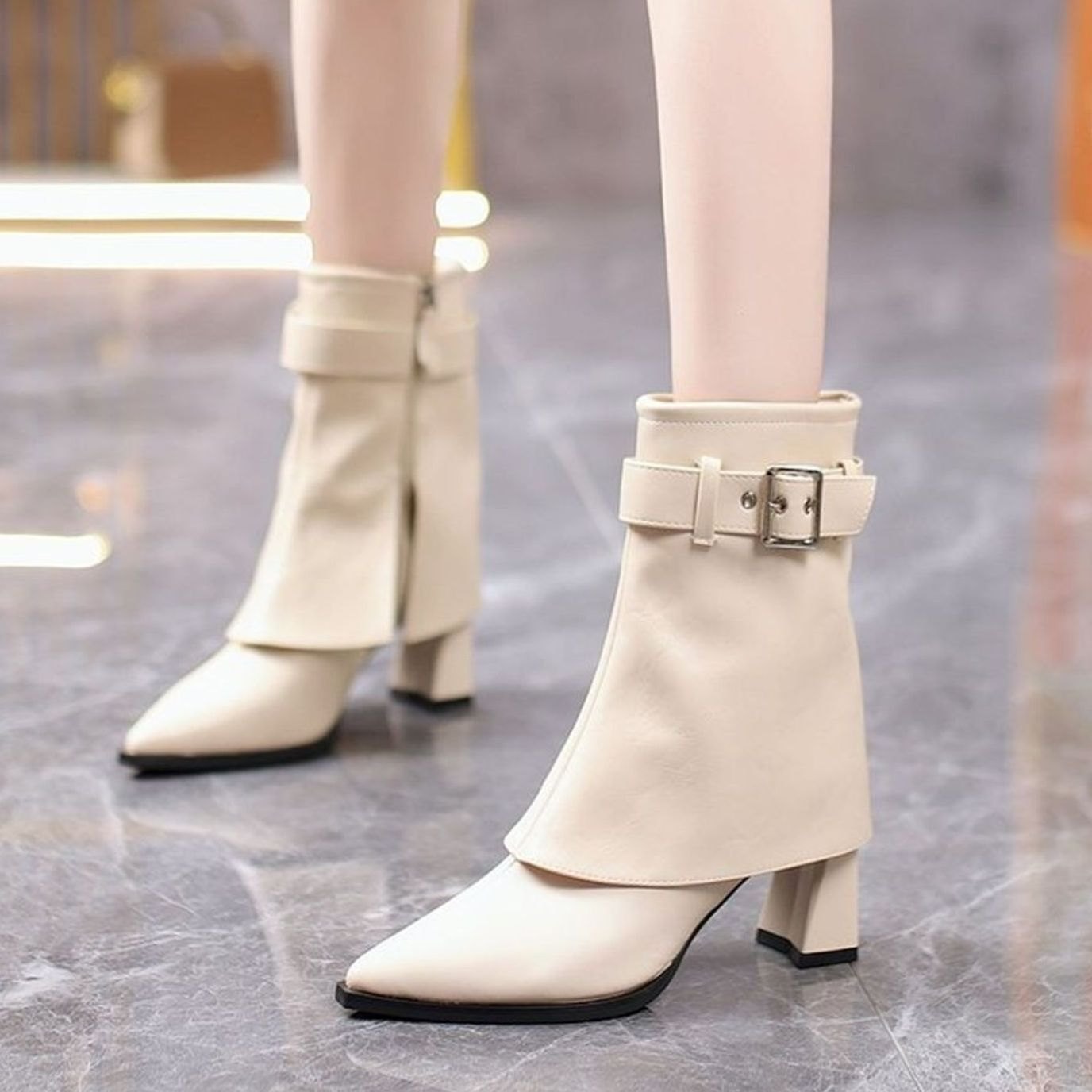 Women's Block Heel Buckle Strap Pointed Toe Ankle Boots - Cream