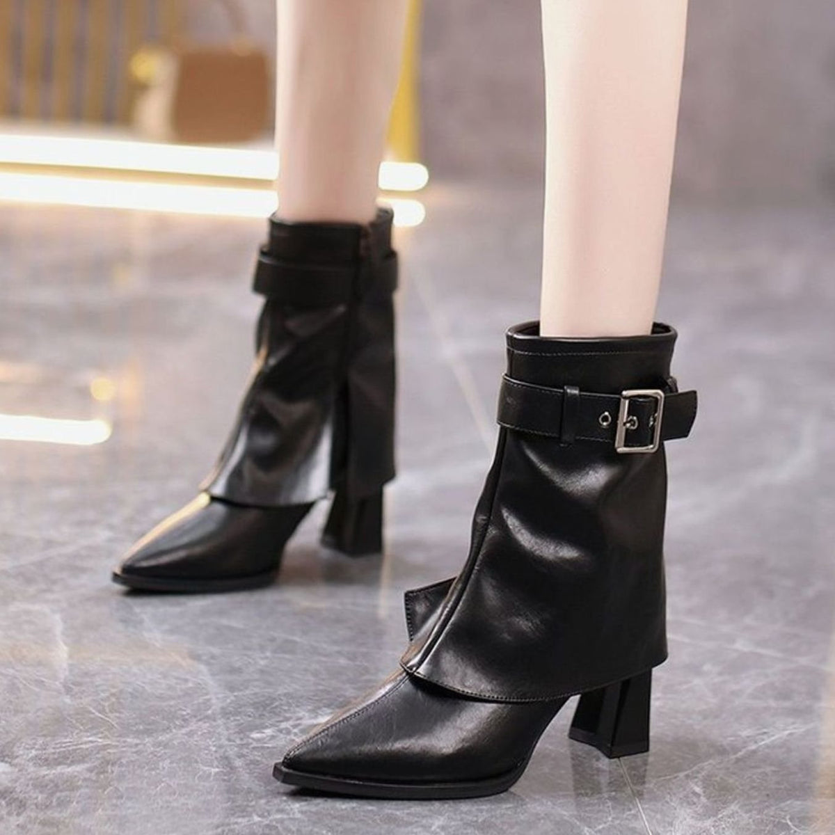 Women's Block Heel Buckle Strap Pointed Toe Ankle Boots - Black