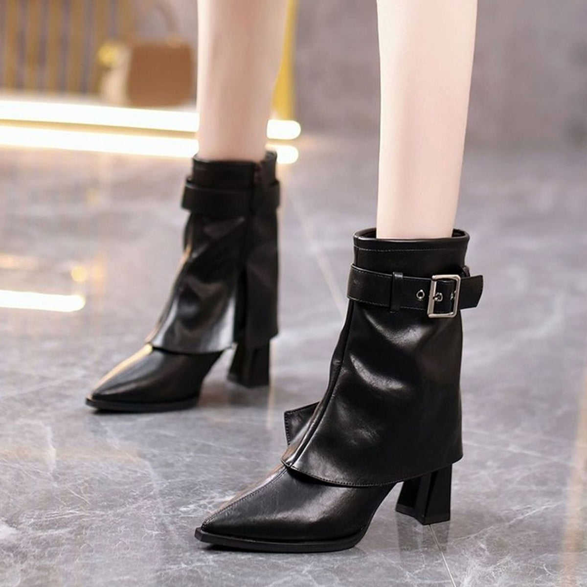 Women's Block Heel Buckle Strap Pointed Toe Ankle Boots