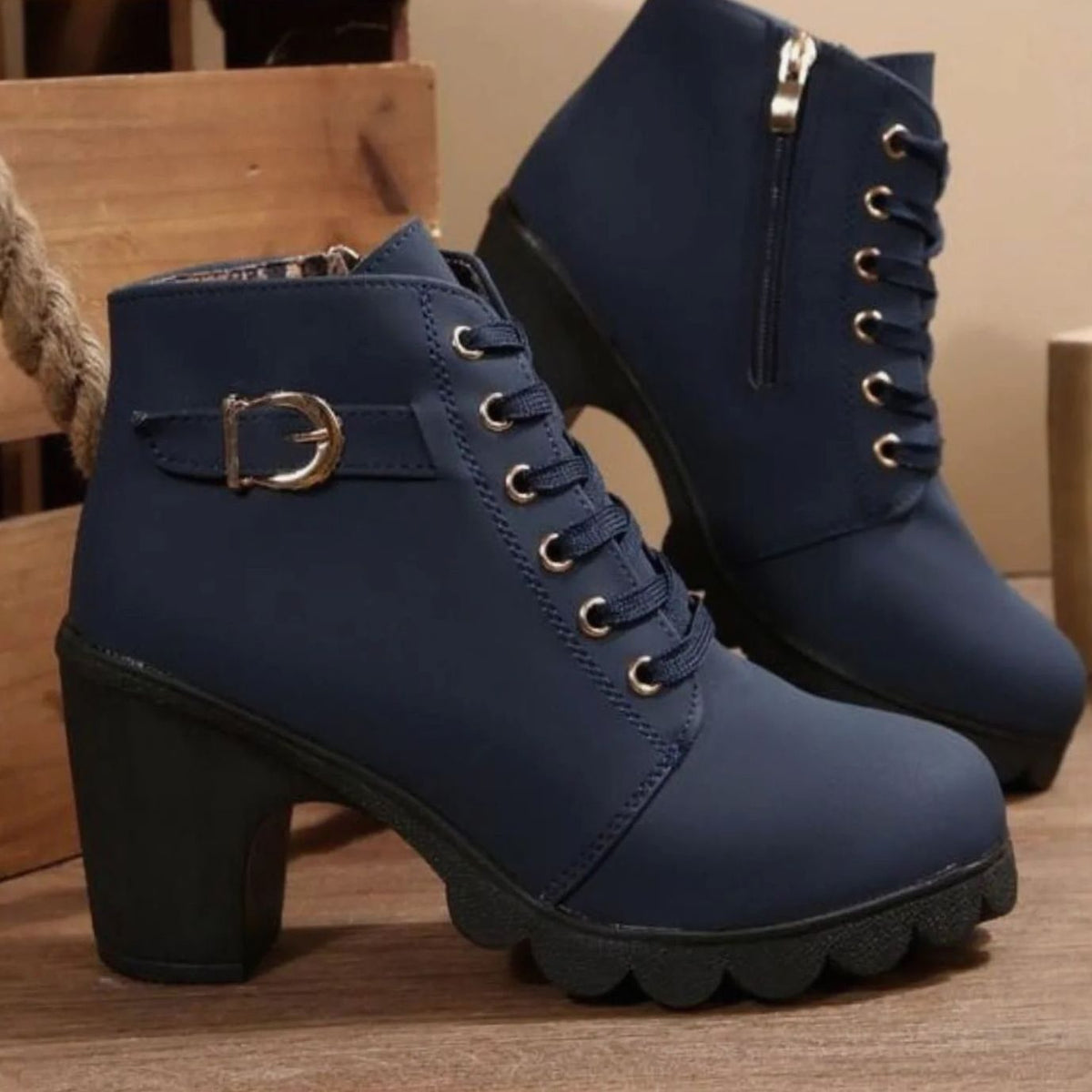 Women's Block-Heel Lace-Up Ankle Boots Metal Buckle - Blue