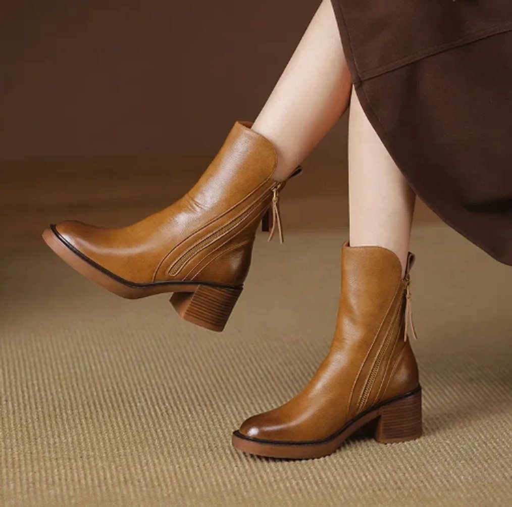 Women's Block-Heel Leather Zip-Up Ankle Boots - Brown