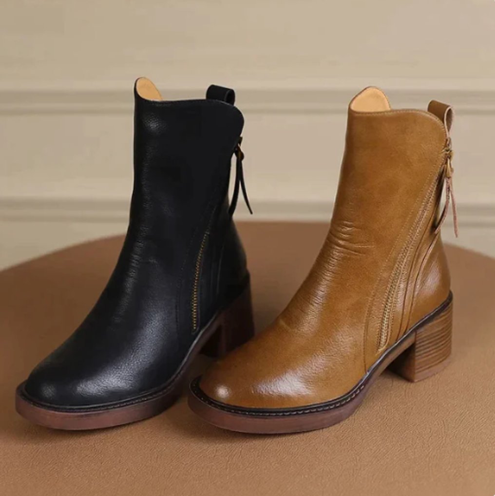 Women's Block-Heel Leather Zip-Up Ankle Boots
