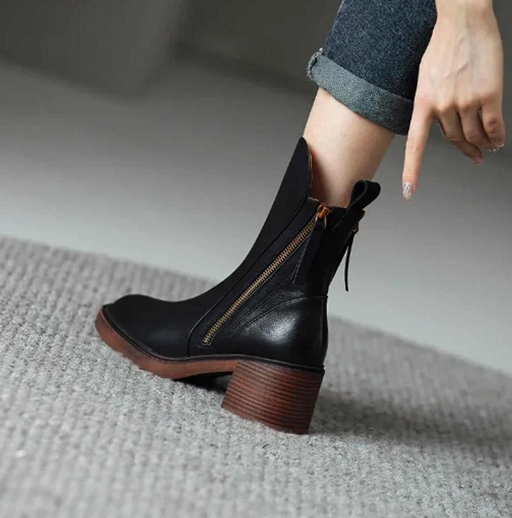 Women's Block-Heel Leather Zip-Up Ankle Boots