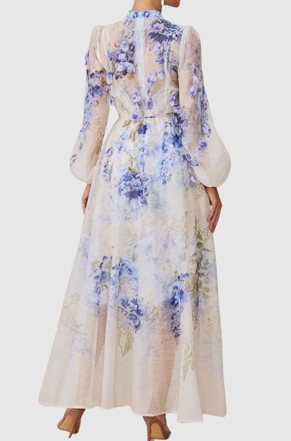 Women's Blue Floral Maxi Dress Long Sleeve Belted A-Line