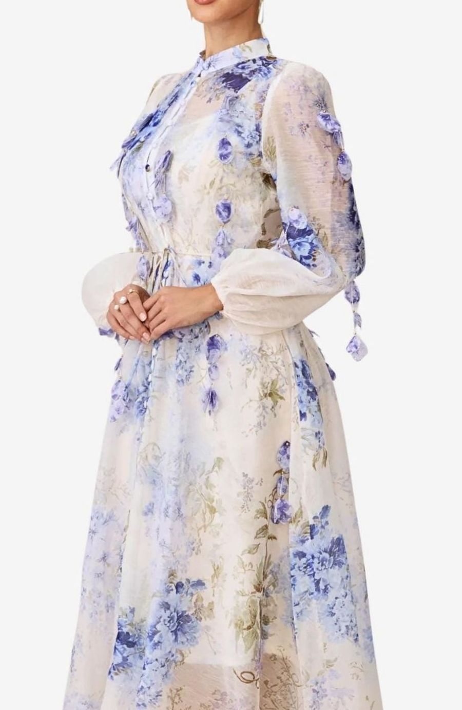 Women's Blue Floral Maxi Dress Long Sleeve Belted A-Line