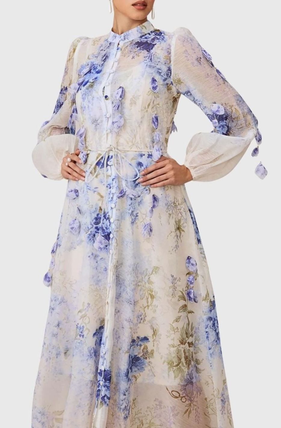 Women's Blue Floral Maxi Dress Long Sleeve Belted A-Line