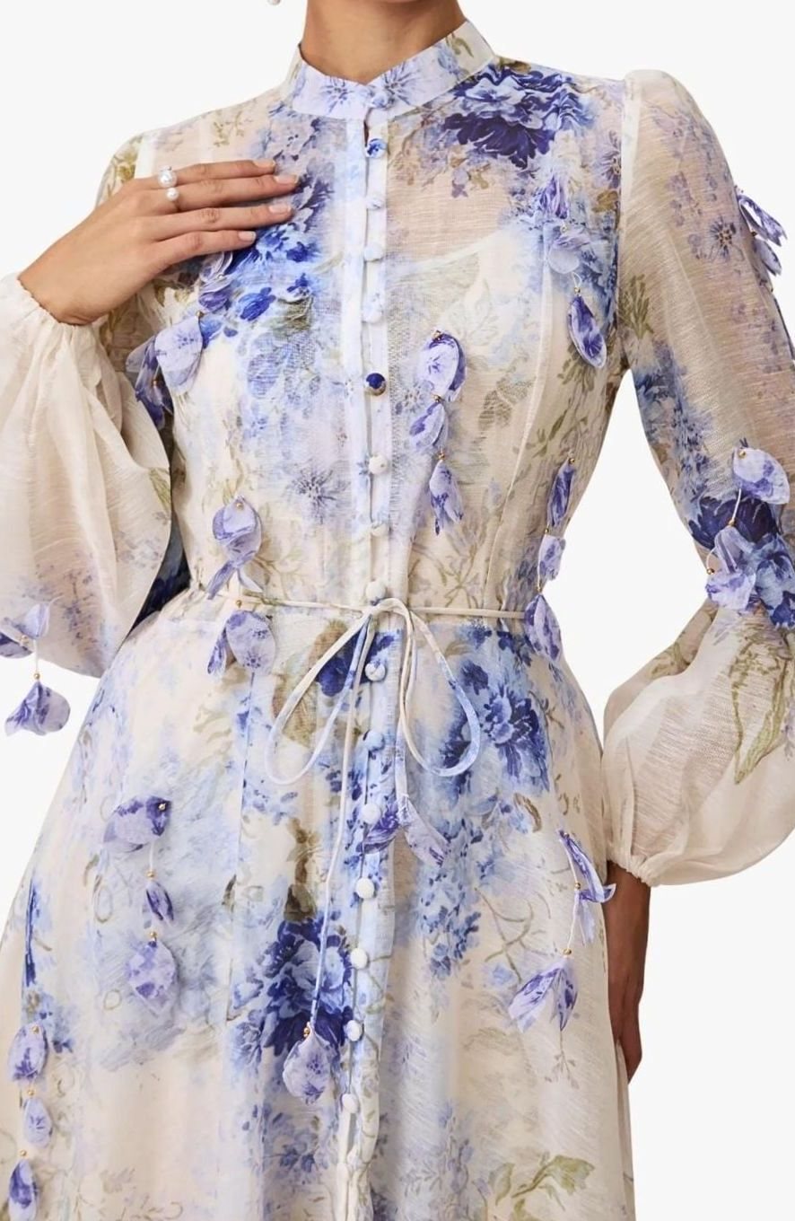 Women's Blue Floral Maxi Dress Long Sleeve Belted A-Line