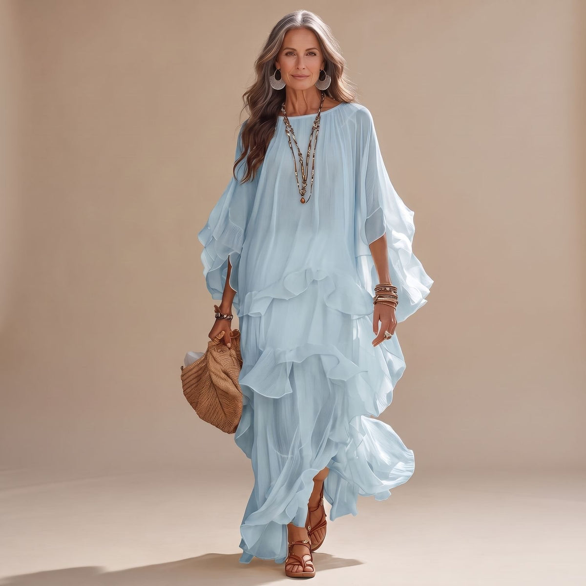 Women's Bohemian Elegant Layered Ruffle Maxi Dress - Blue