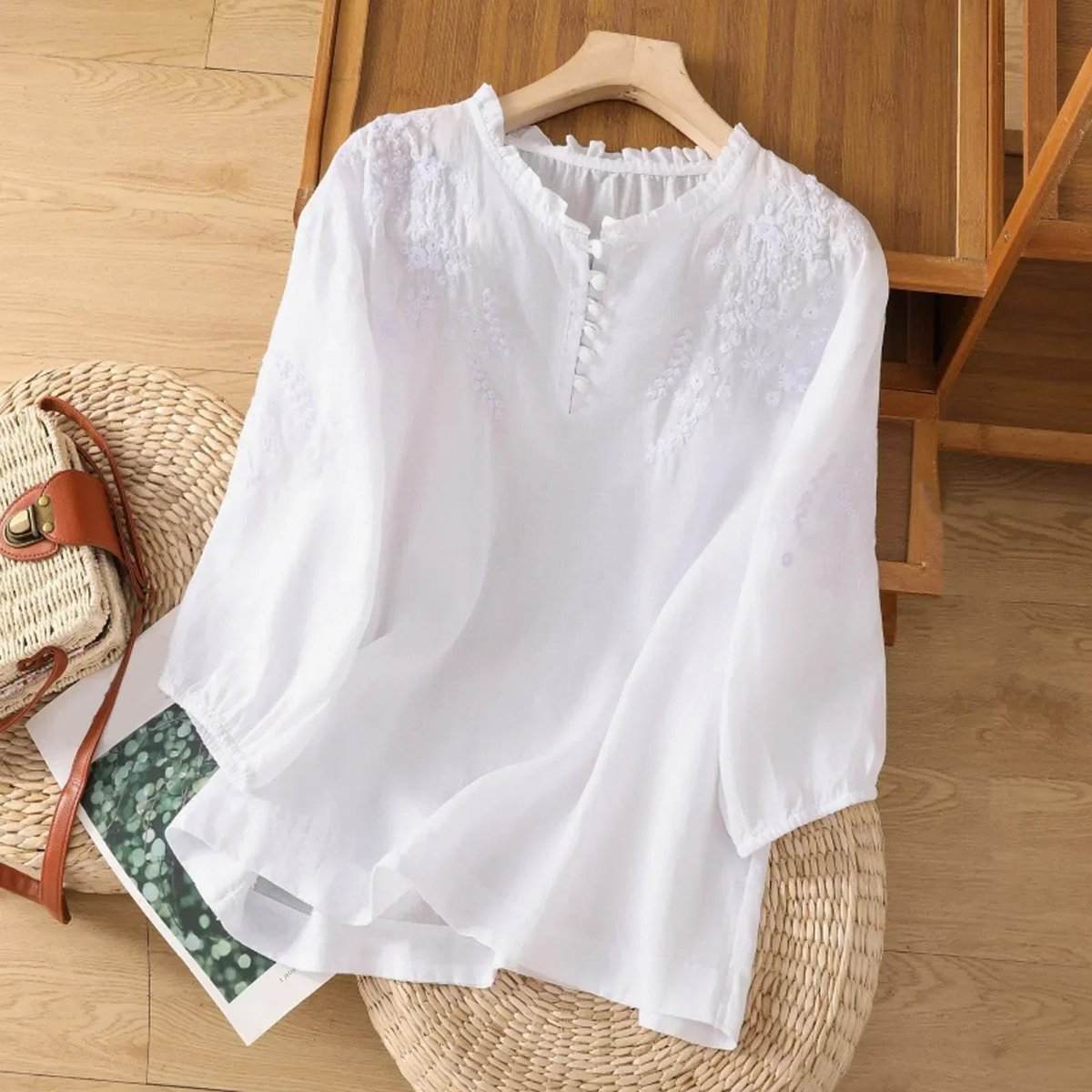 Women's Bohemian Floral Embroidered Ruffle-Neck Blouse - White
