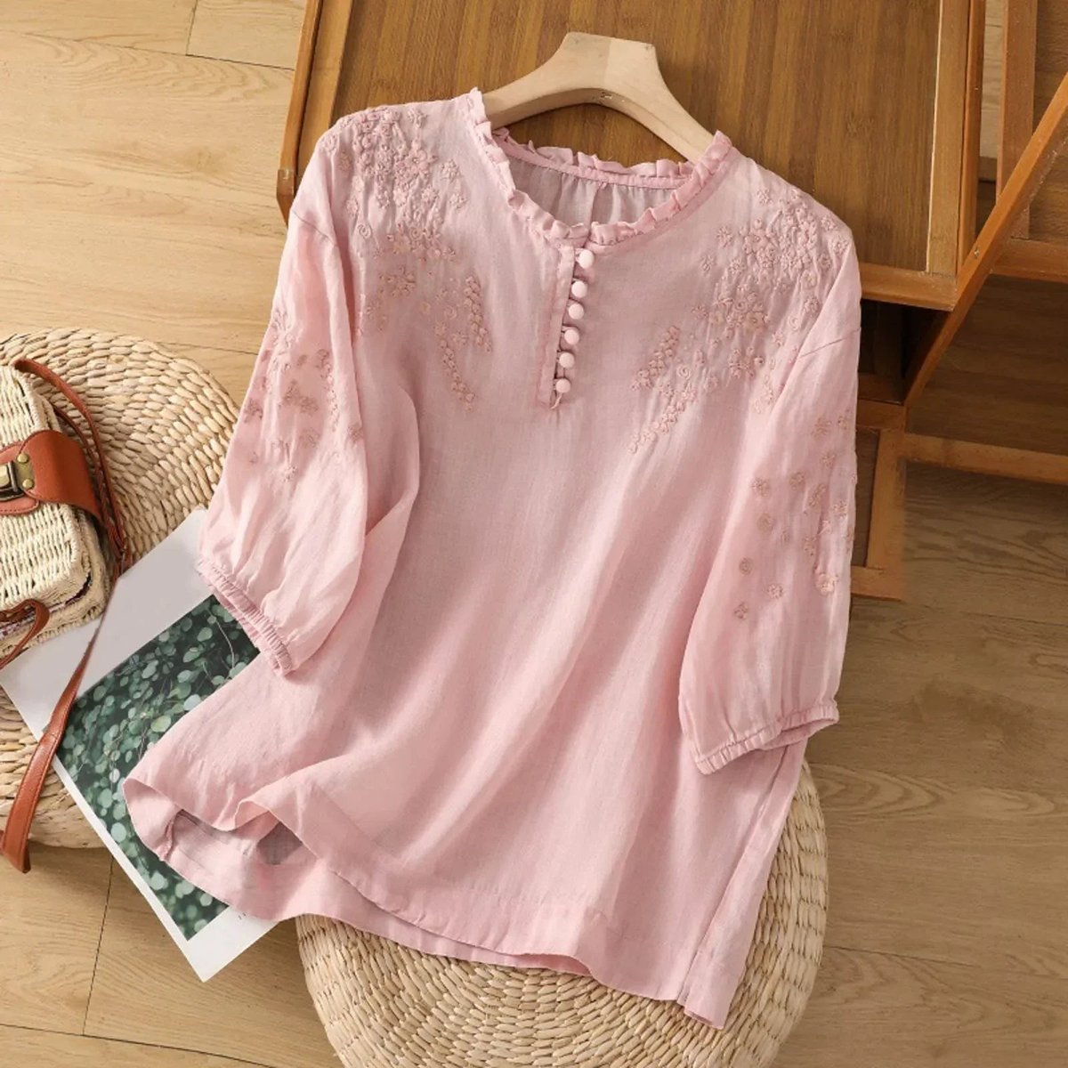 Women's Bohemian Floral Embroidered Ruffle-Neck Blouse - Pink