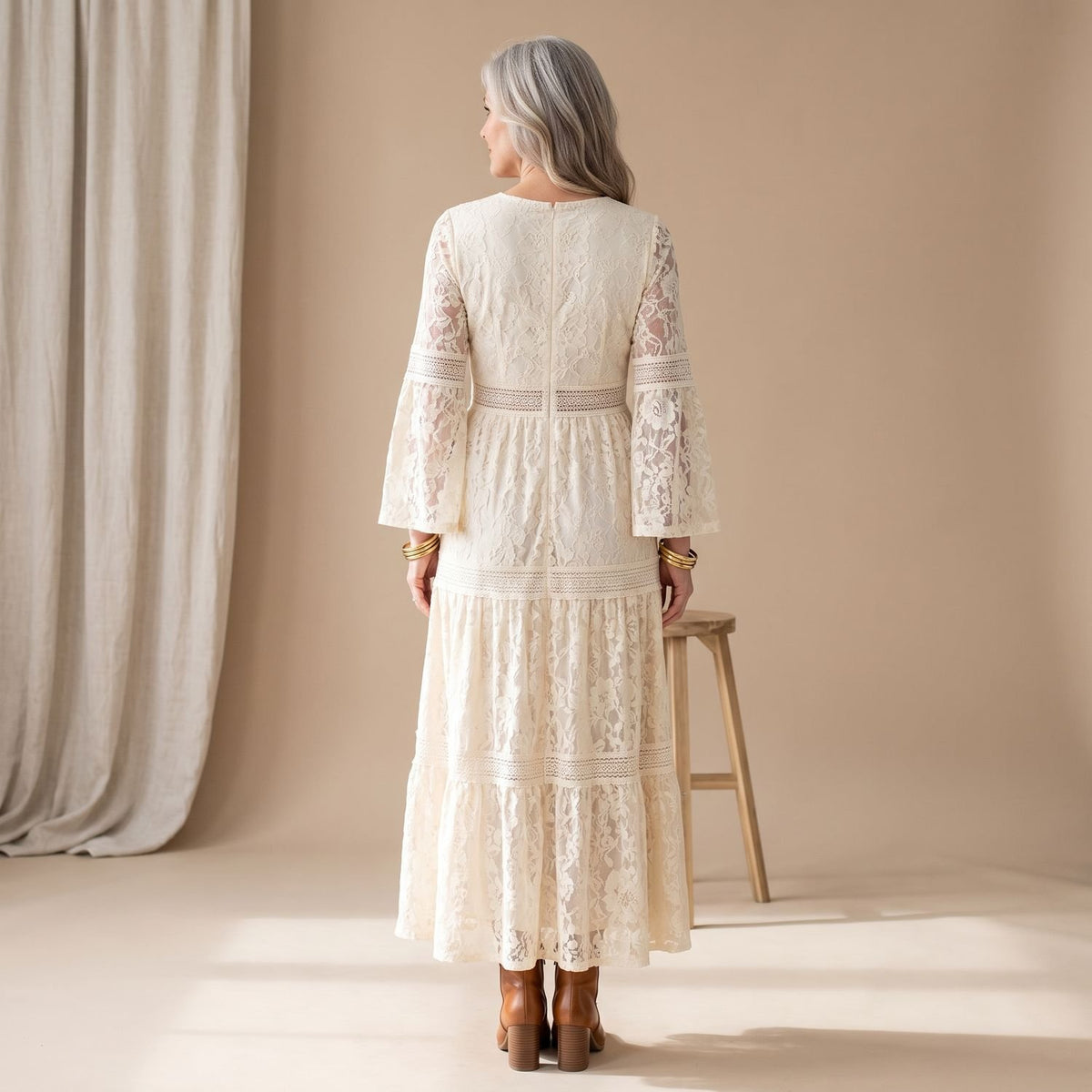 Women's Bohemian Lace V-Neck Bell-Sleeve Maxi Dress