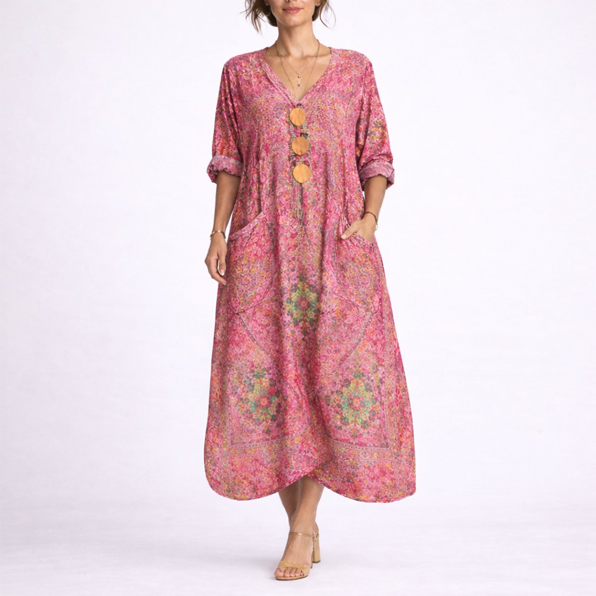 Women's Bohemian Paisley-Print V-Neck Maxi Kaftan Dress - Red
