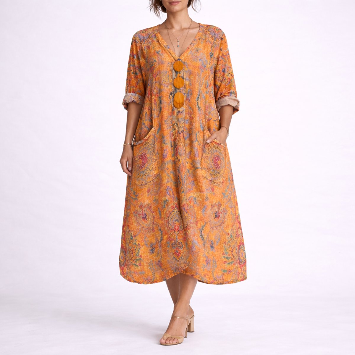 Women's Bohemian Paisley-Print V-Neck Maxi Kaftan Dress - Orange