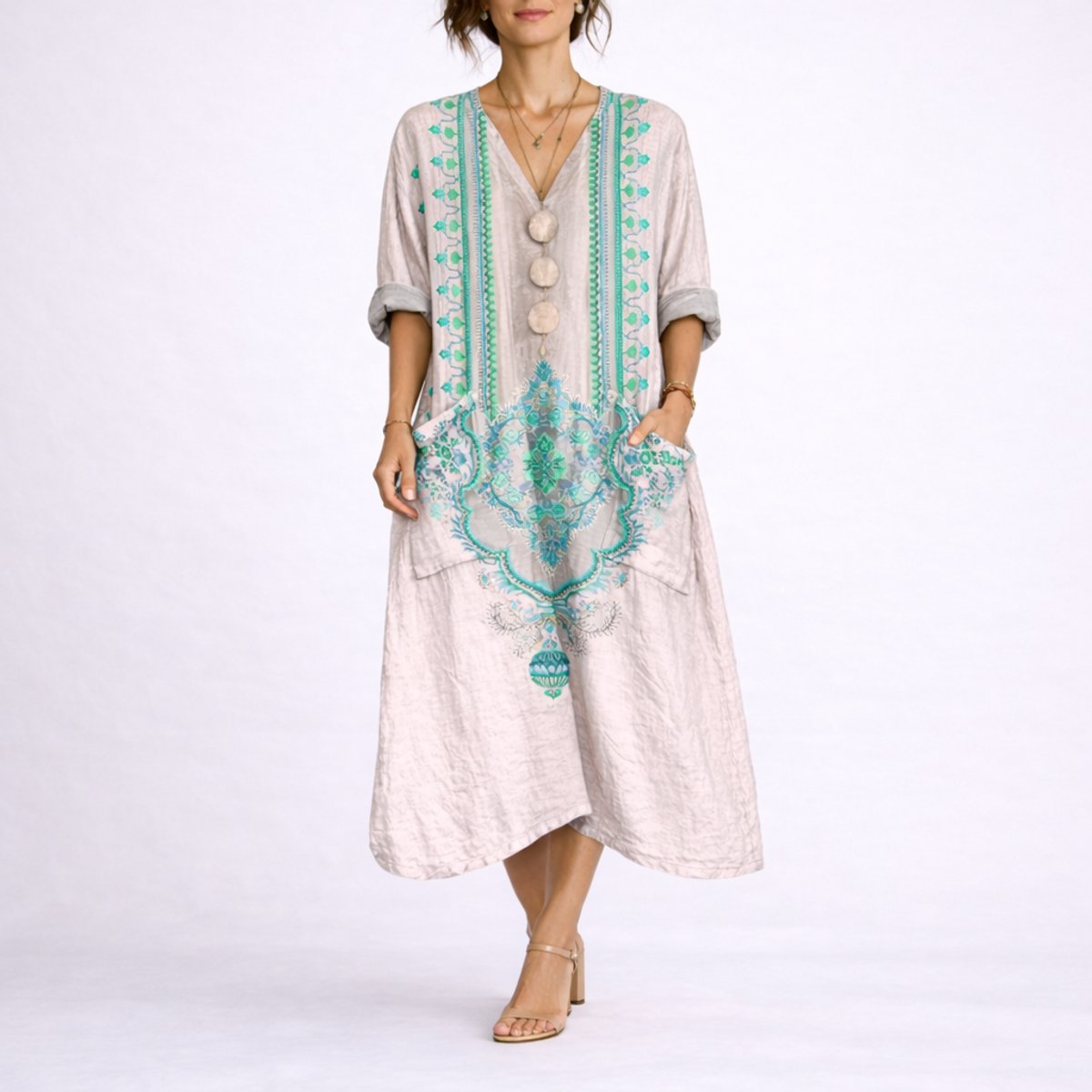 Women's Bohemian Paisley-Print V-Neck Maxi Kaftan Dress - Pink & Green