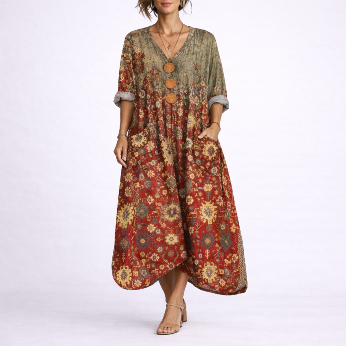 Women's Bohemian Paisley-Print V-Neck Maxi Kaftan Dress - Red Carpet