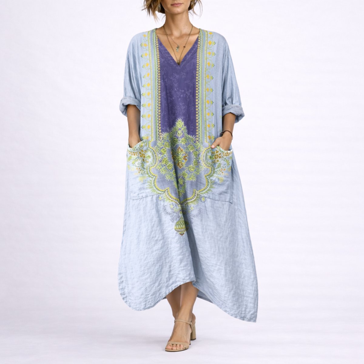 Women's Bohemian Paisley-Print V-Neck Maxi Kaftan Dress - Blue & Purple