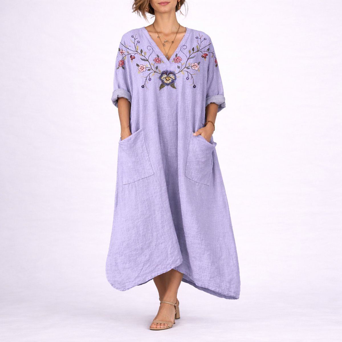 Women's Bohemian Paisley-Print V-Neck Maxi Kaftan Dress - Purple