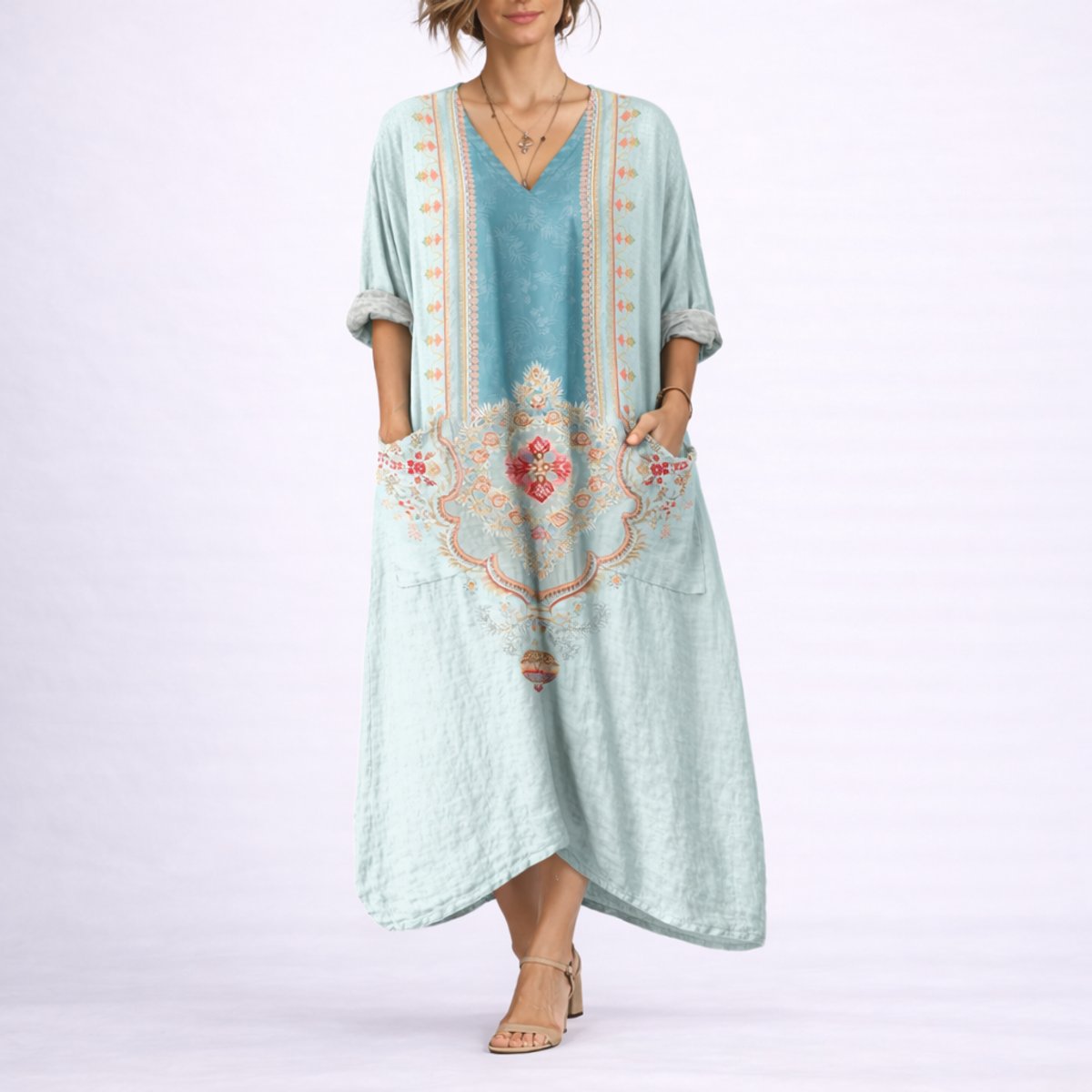 Women's Bohemian Paisley-Print V-Neck Maxi Kaftan Dress - Green & Blue