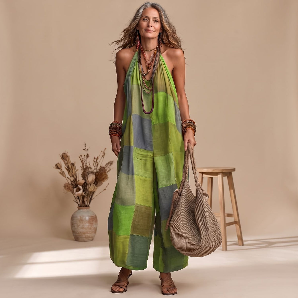 Women's Bohemian Patchwork Halter-Neck Wide-Leg Jumpsuit - Green
