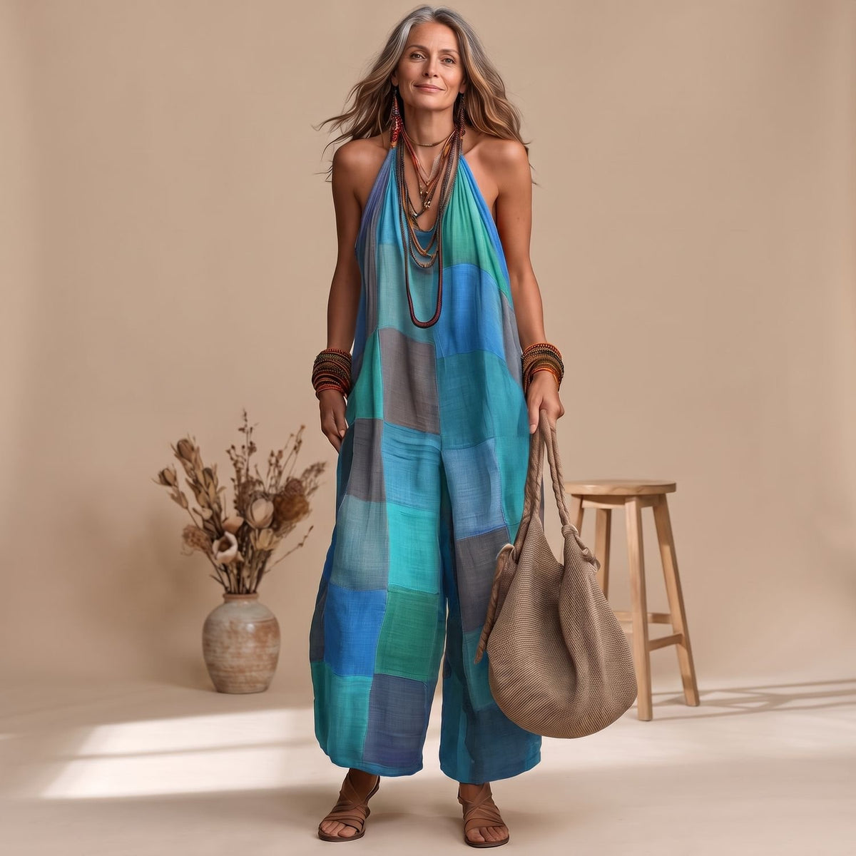Women's Bohemian Patchwork Halter-Neck Wide-Leg Jumpsuit - Blue