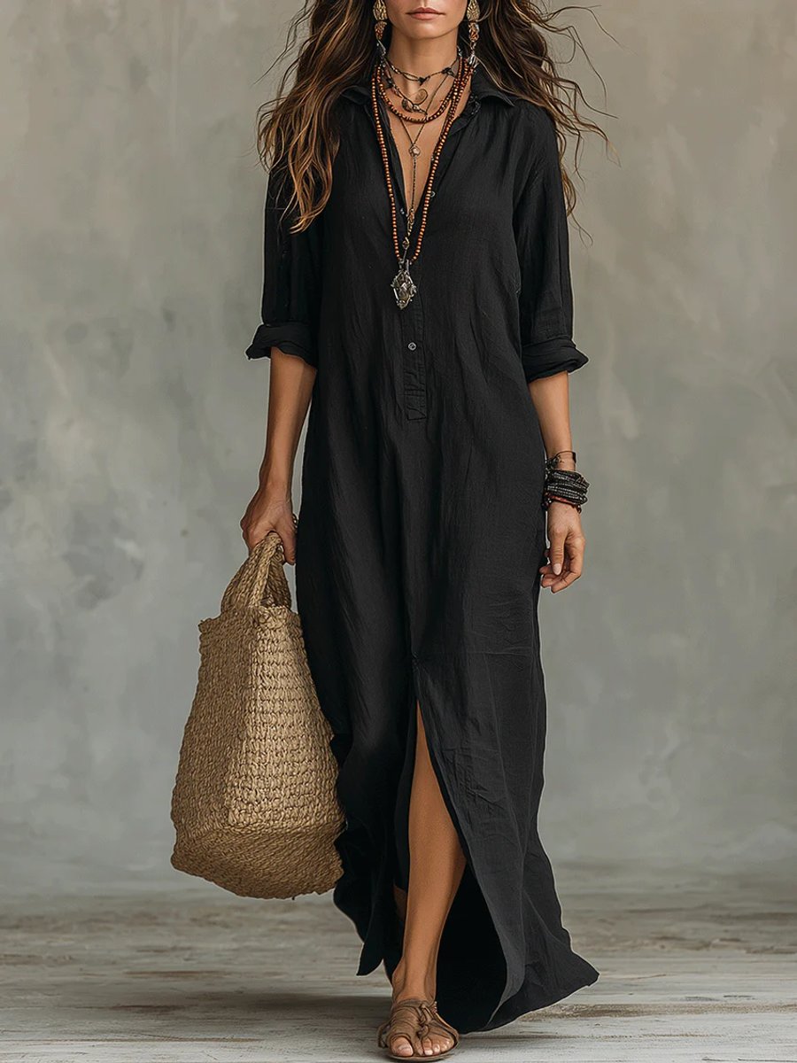 Women's Boho Button-Up Long Sleeve Dress Relaxed Maxi - Black