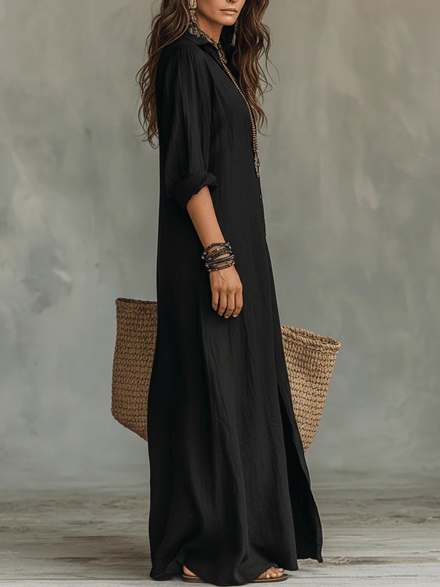 Women's Boho Button-Up Long Sleeve Dress Relaxed Maxi