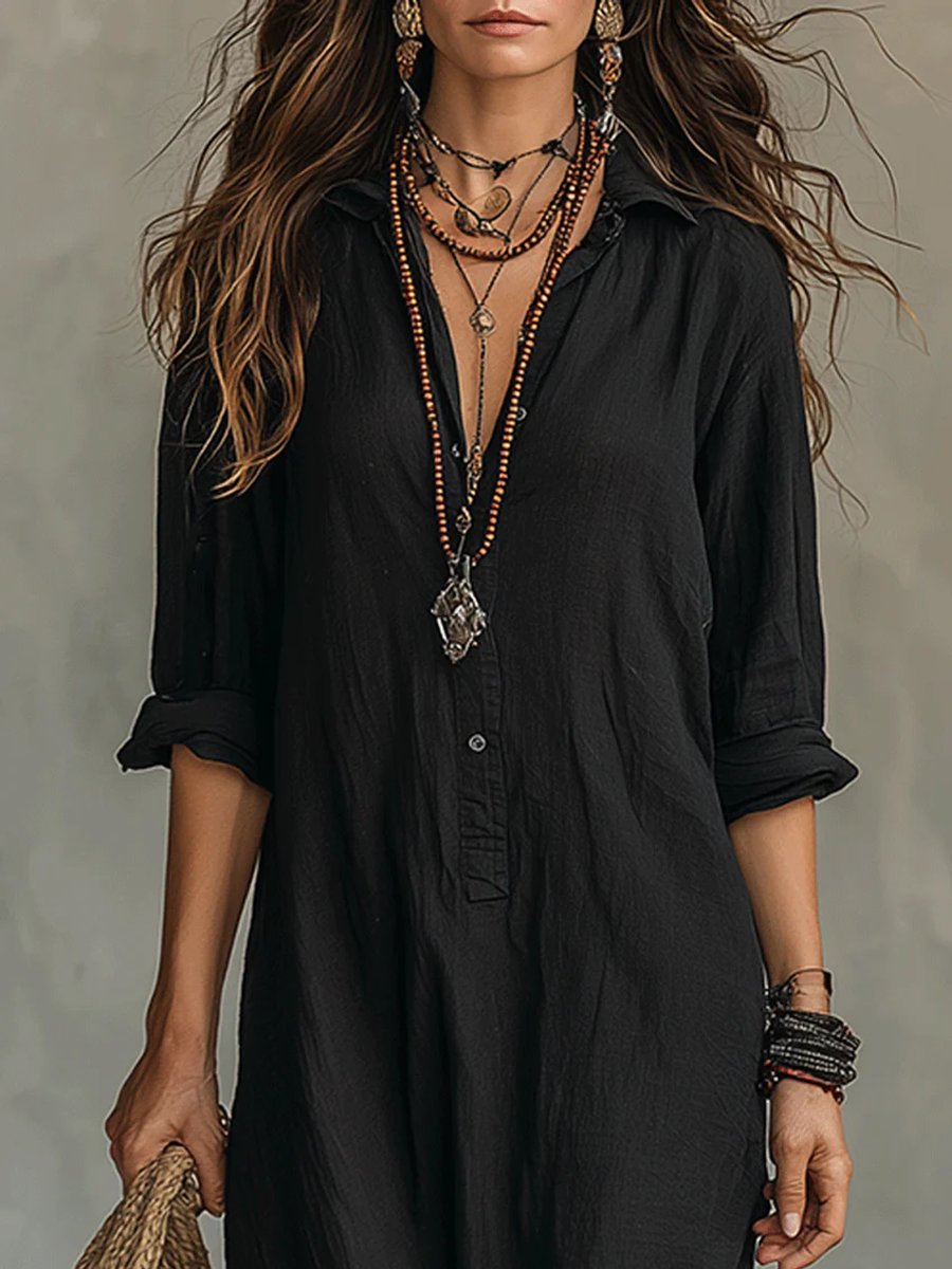 Women's Boho Button-Up Long Sleeve Dress Relaxed Maxi